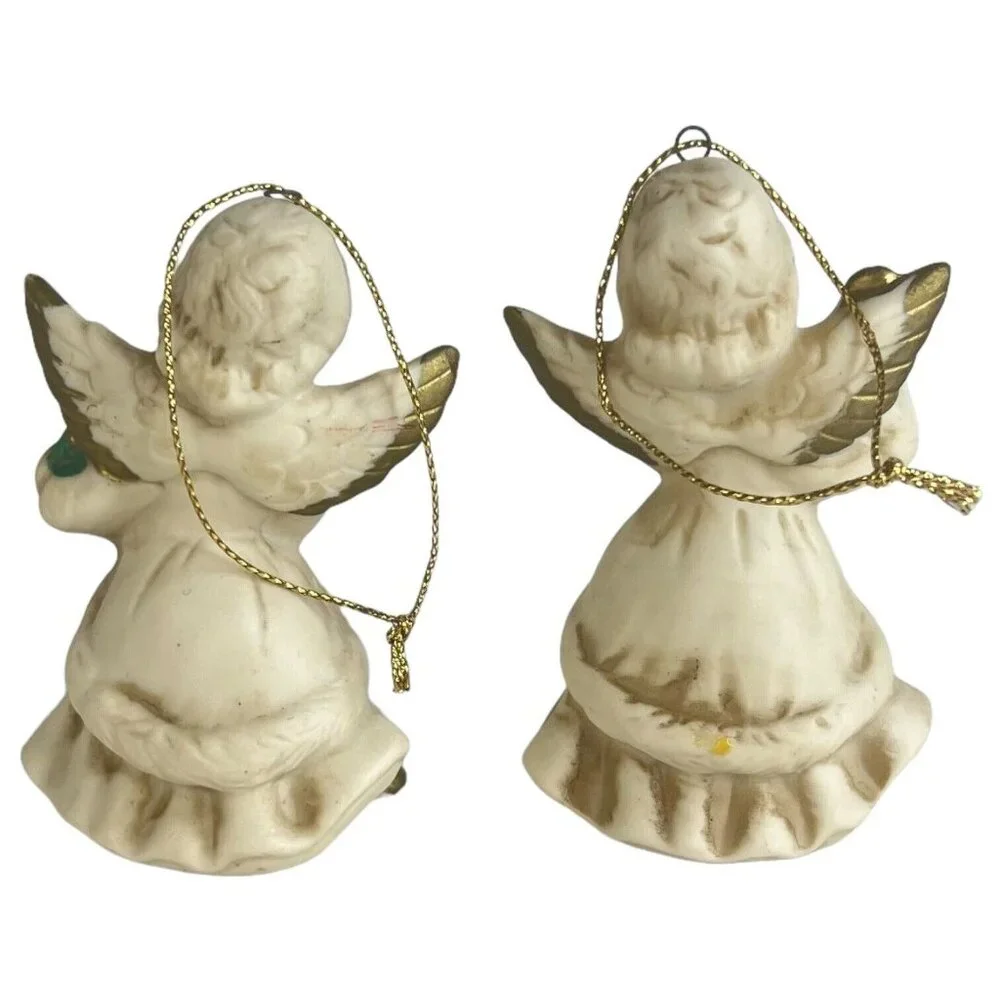 6 Homco Angel Tree Ornaments Complete Set Bisque Porcelain Made in‎ Taiwan VTG